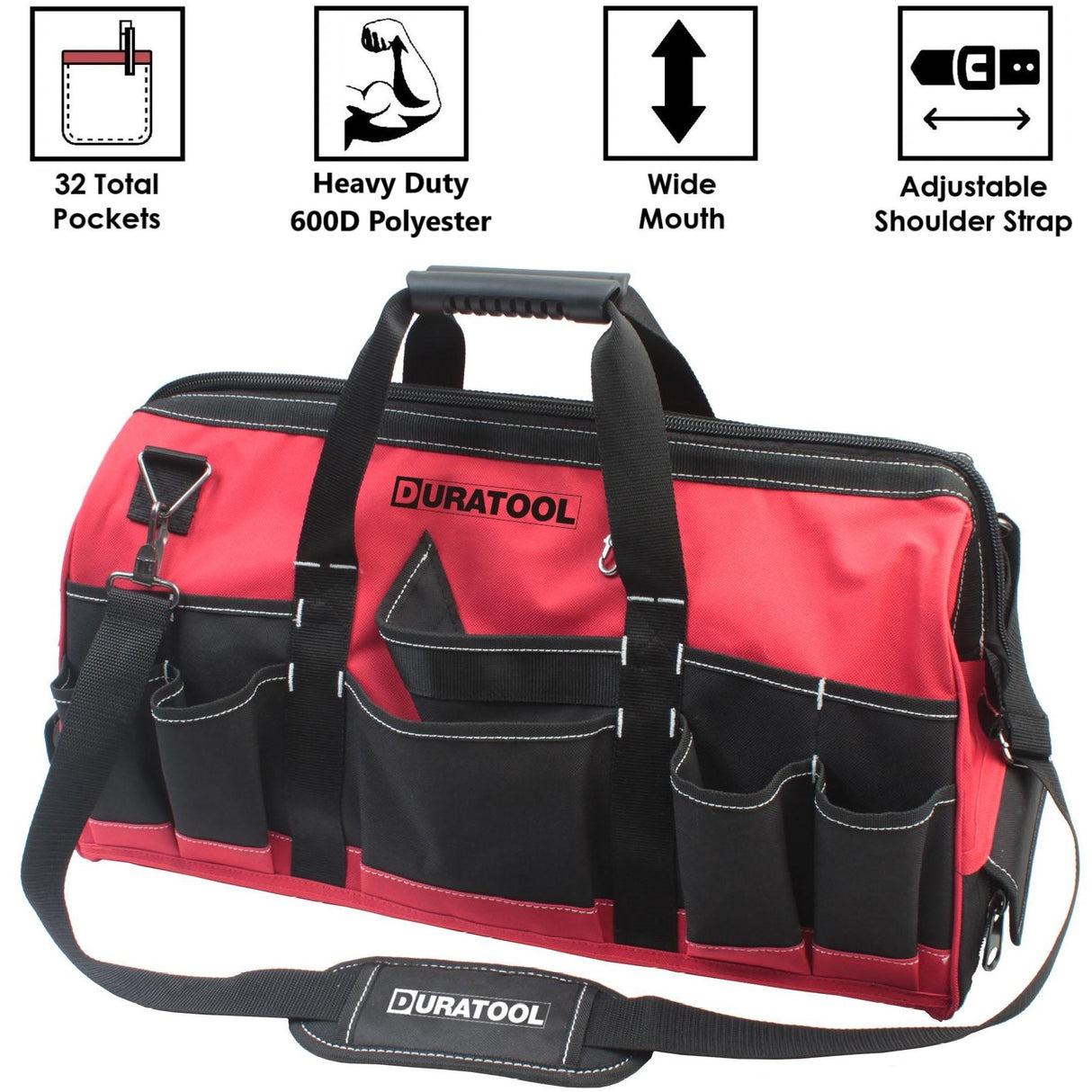 DURATOOL 22-inch Heavy Duty Large Tool Bag with 27 Pockets, Adjustable Strap, Wide Mouth Tools Bag Organizer for Construction