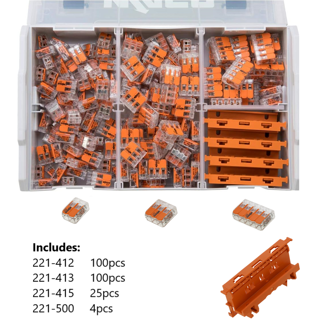 Wago 221 Series Kit Mini L-BOXX Compact Splicing Lever Nut Wire Connector Set in Case, Includes(100) 221-412, (100) 221-413, (25) 221-415, (4) 221-500