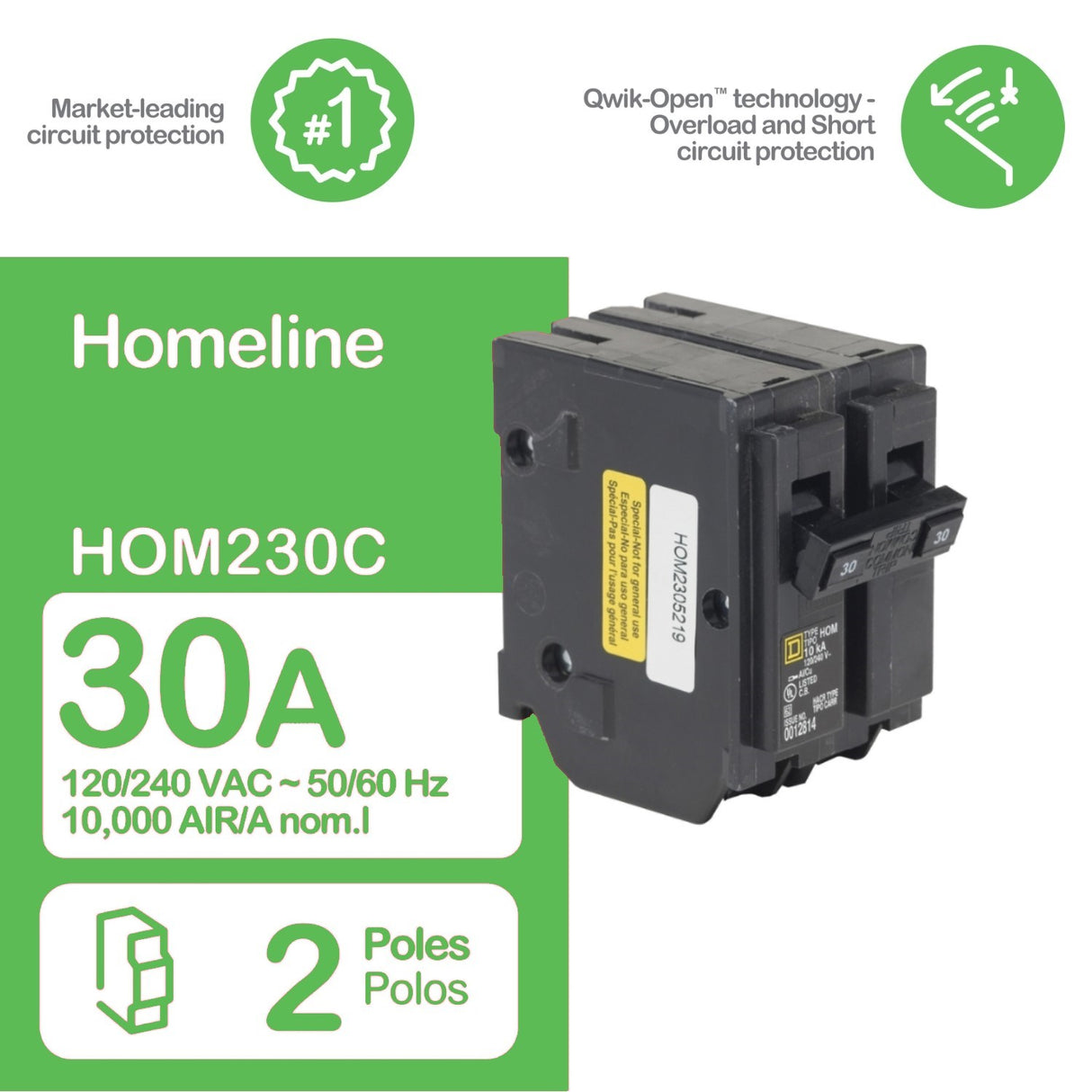 Square D 30 Amp Circuit Breaker, Homeline HOM230, 2 Pole, Plug In 30A, 120/240VAC