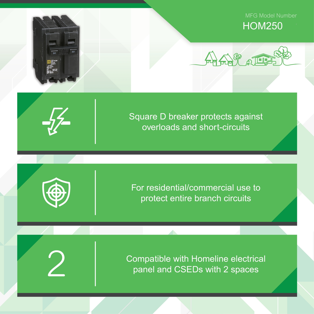 Square D 50 Amp Circuit Breaker HOM250 Homeline 2 Pole Plug In 50A, 120/240V, AC, Single Phase