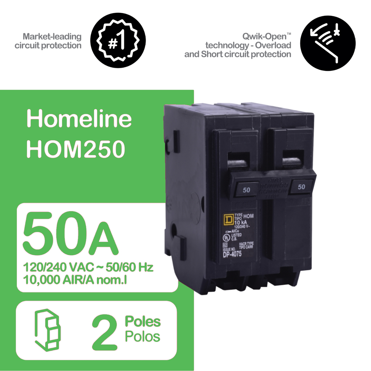 Square D 50 Amp Circuit Breaker HOM250 Homeline 2 Pole Plug In 50A, 120/240V, AC, Single Phase