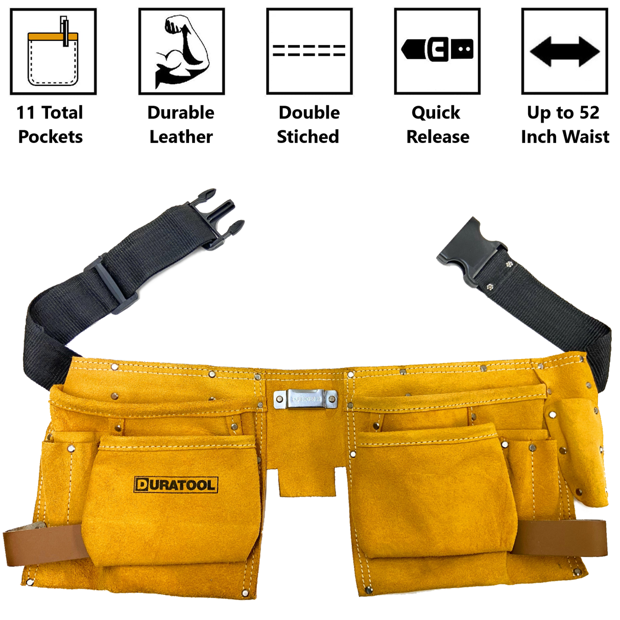 DURATOOL Leather Tool Belt Work Apron with 11 Pockets, 2 Pouches, 2 Hammer Loops - For Contractors, Plumbers, Carpenter Heavy Duty Tool Belts for Men